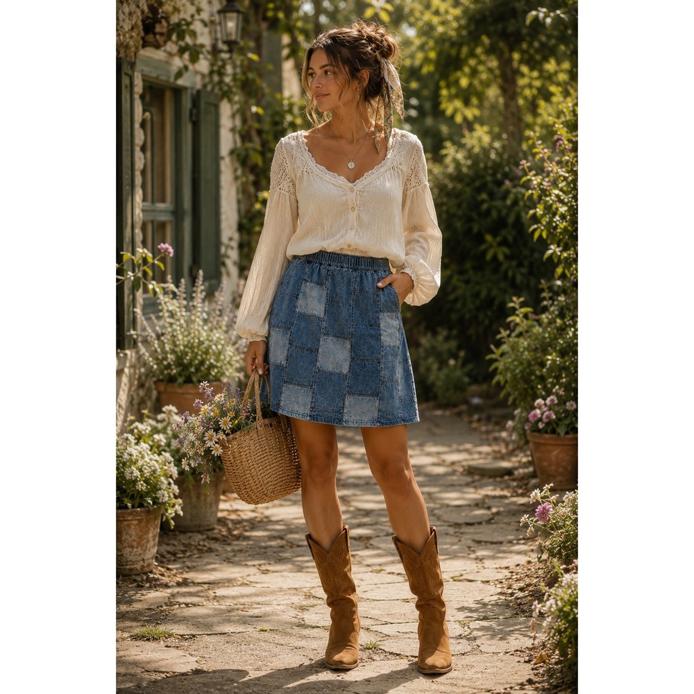 Studio West Patchwork Denim Midi Skirt Blue Boho Y2K Cottagecore XL Cotton